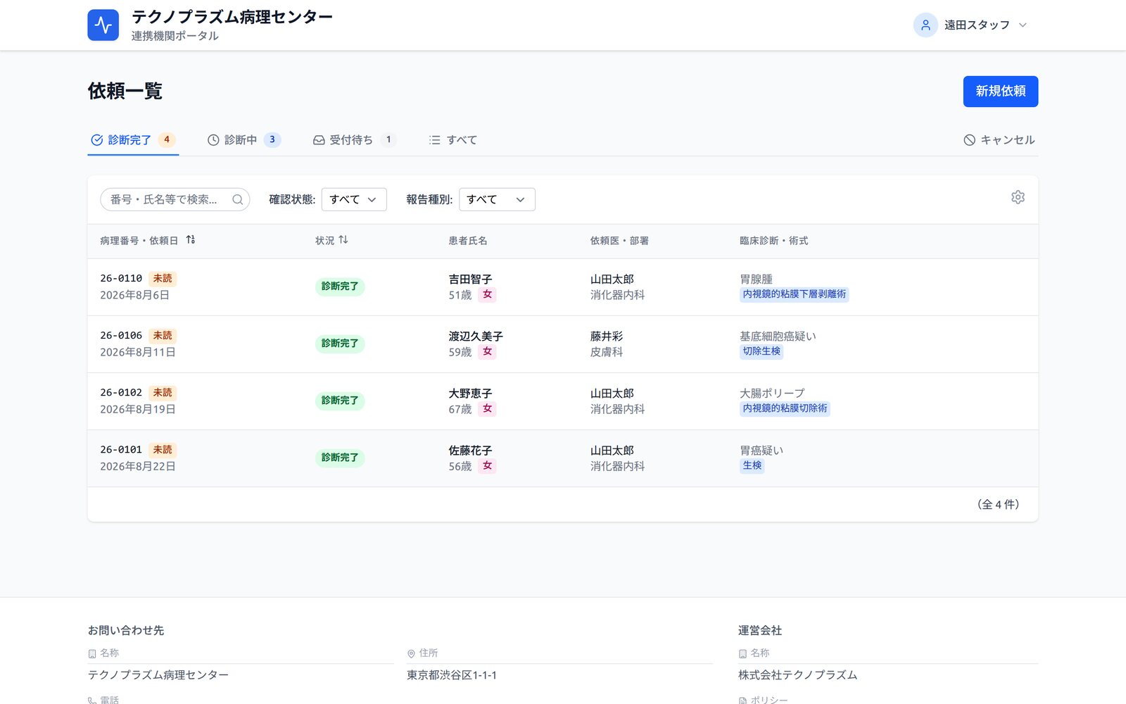 依頼機関ポータルの依頼一覧。報告済みの依頼が未読バッジつきで並んでいる